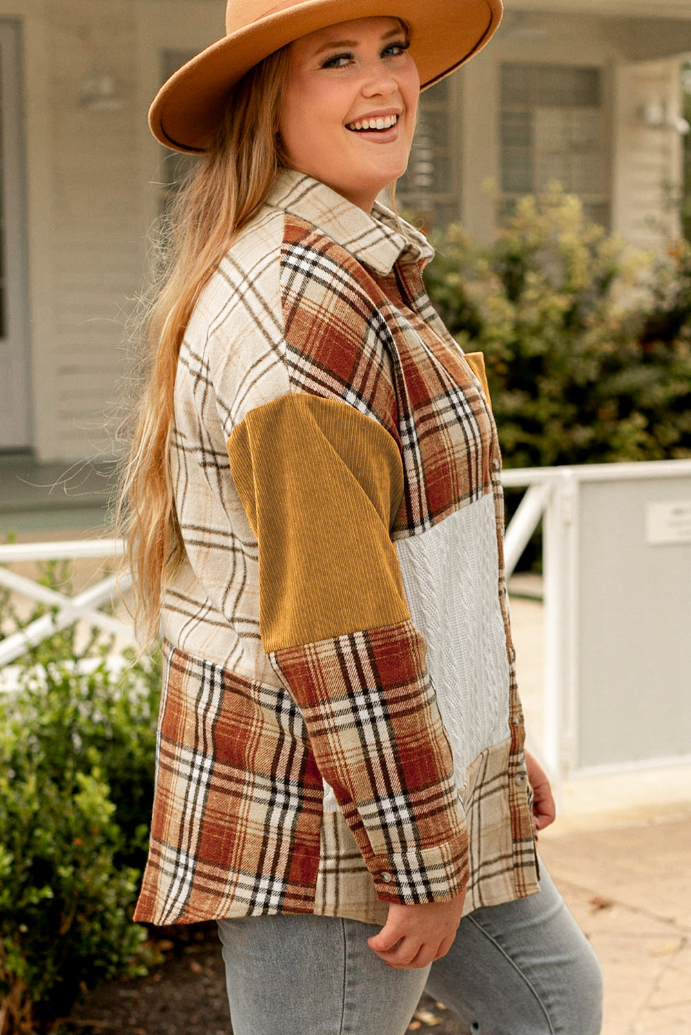 Golden Apricot Plus Size Plaid Patchwork Button up Shacket Kittybear Krafts