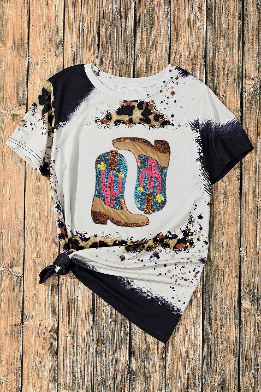 Sequin Cowboy Boots Leopard Short Sleeve T-Shirt - Kittybear Krafts