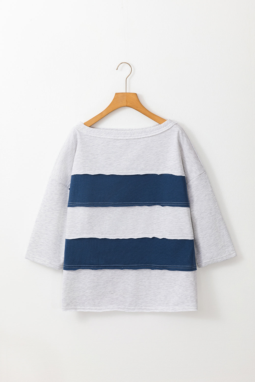 Sail Blue Colorblock Striped Patchwork 3/4 Sleeve Raw Seamed Sweatshirt Kittybear Krafts