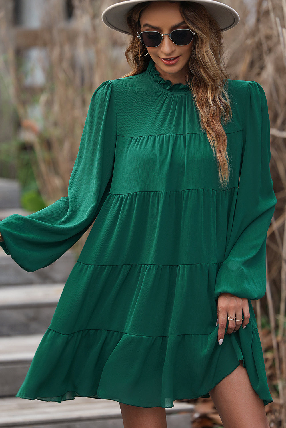 Green Puff Sleeve Mock Neck Back Knot Tiered Dress Kittybear Krafts