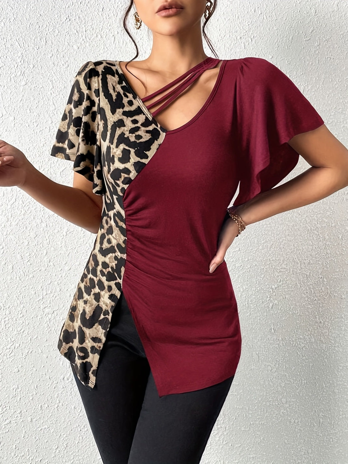 Ruched Leopard Flutter Sleeve Top