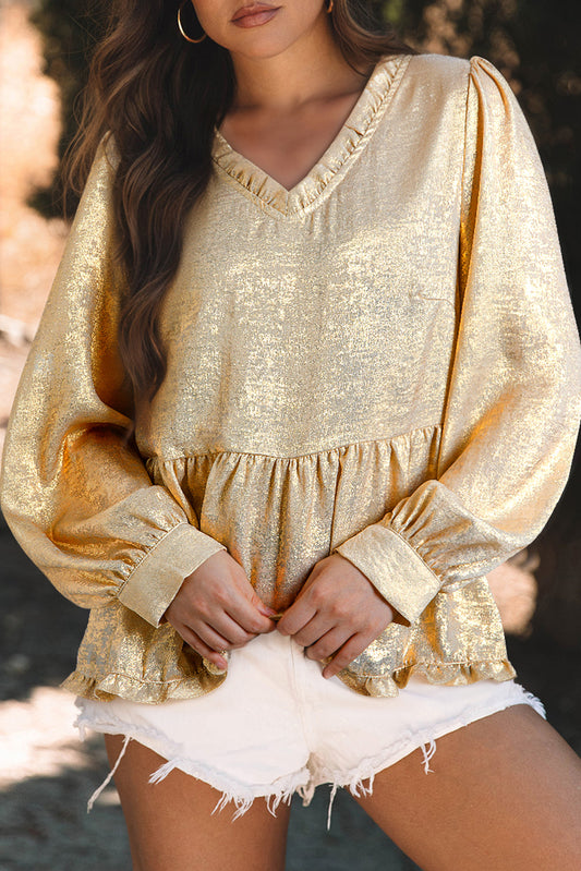 Gold Metallic Frilled V Neck Puff Sleeve Babydoll Blouse Kittybear Krafts