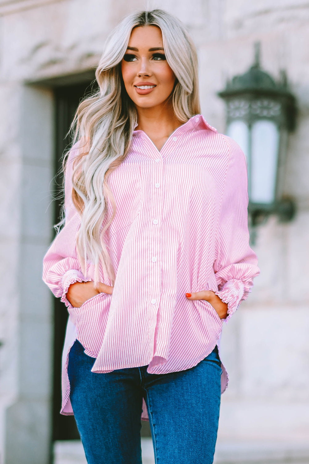 Pink Smocked Cuffed Striped Boyfriend Oversized Shirt Top with Pocket