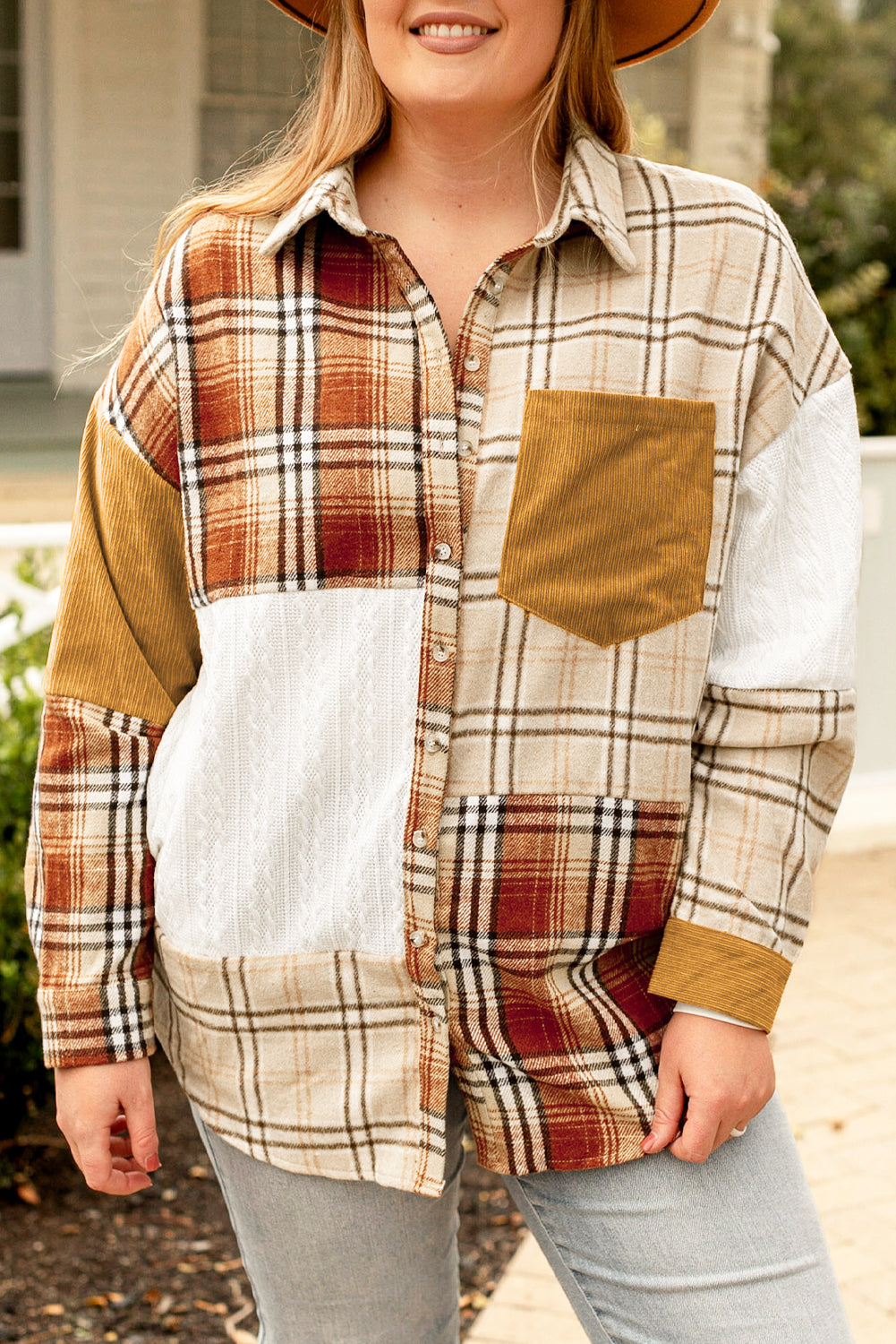 Golden Apricot Plus Size Plaid Patchwork Button up Shacket Kittybear Krafts