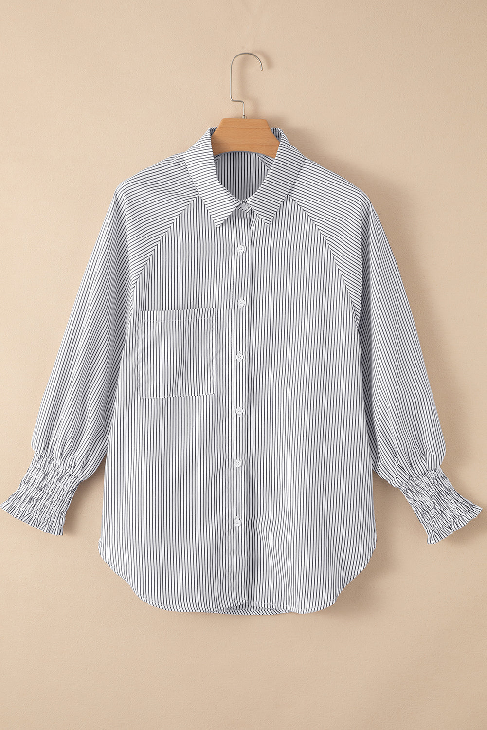 Smocked Cuffed Striped Boyfriend Shirt Top with Pocket