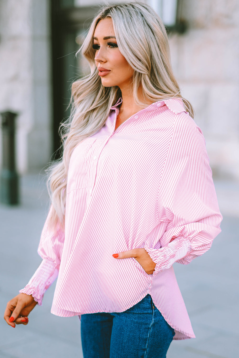 Pink Smocked Cuffed Striped Boyfriend Oversized Shirt Top with Pocket