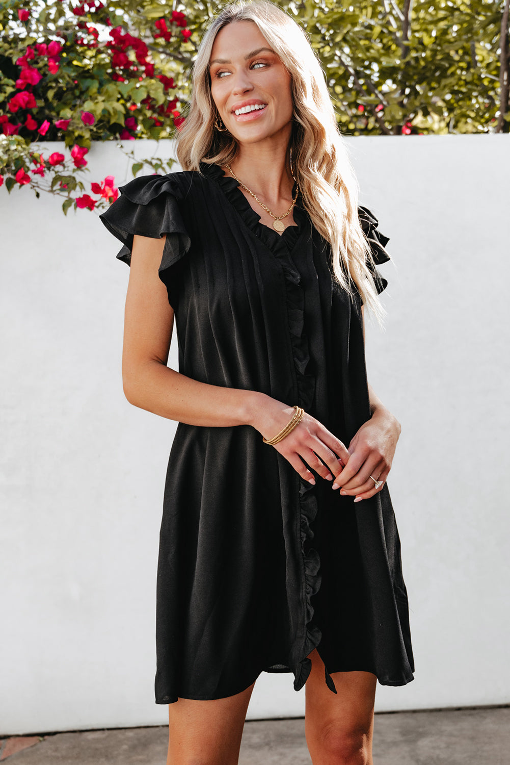 Black Ruffle Sleeve V Neck Frilled Shift Dress Kittybear Krafts