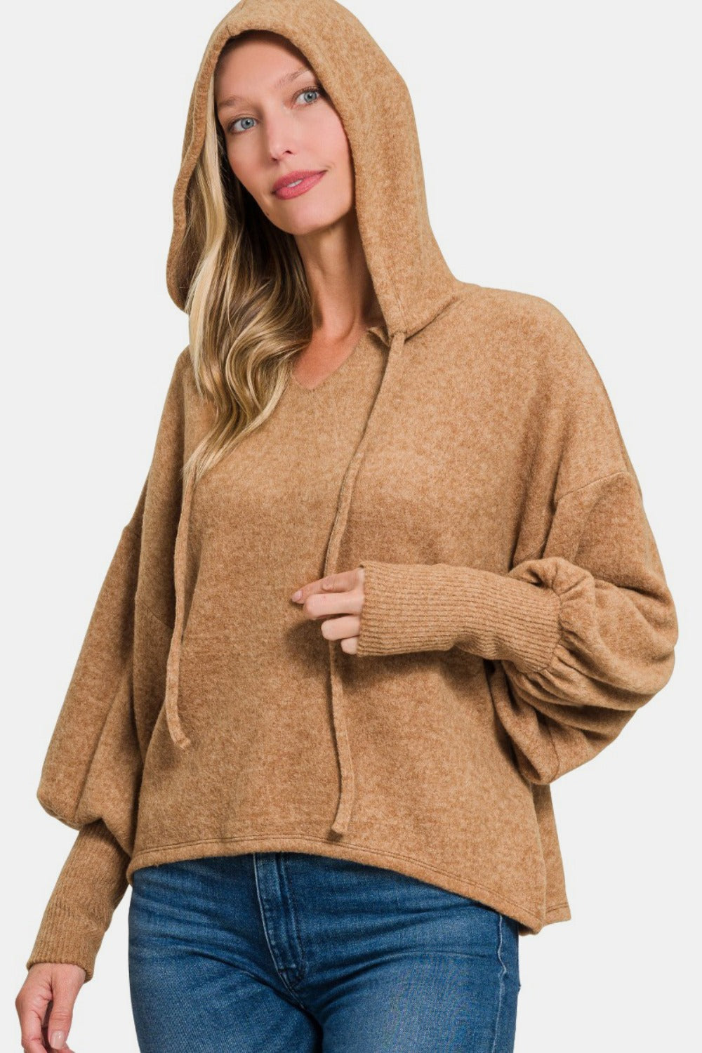 Brushed Hacci Drop Shoulder Cropped Hoodie Trendsi