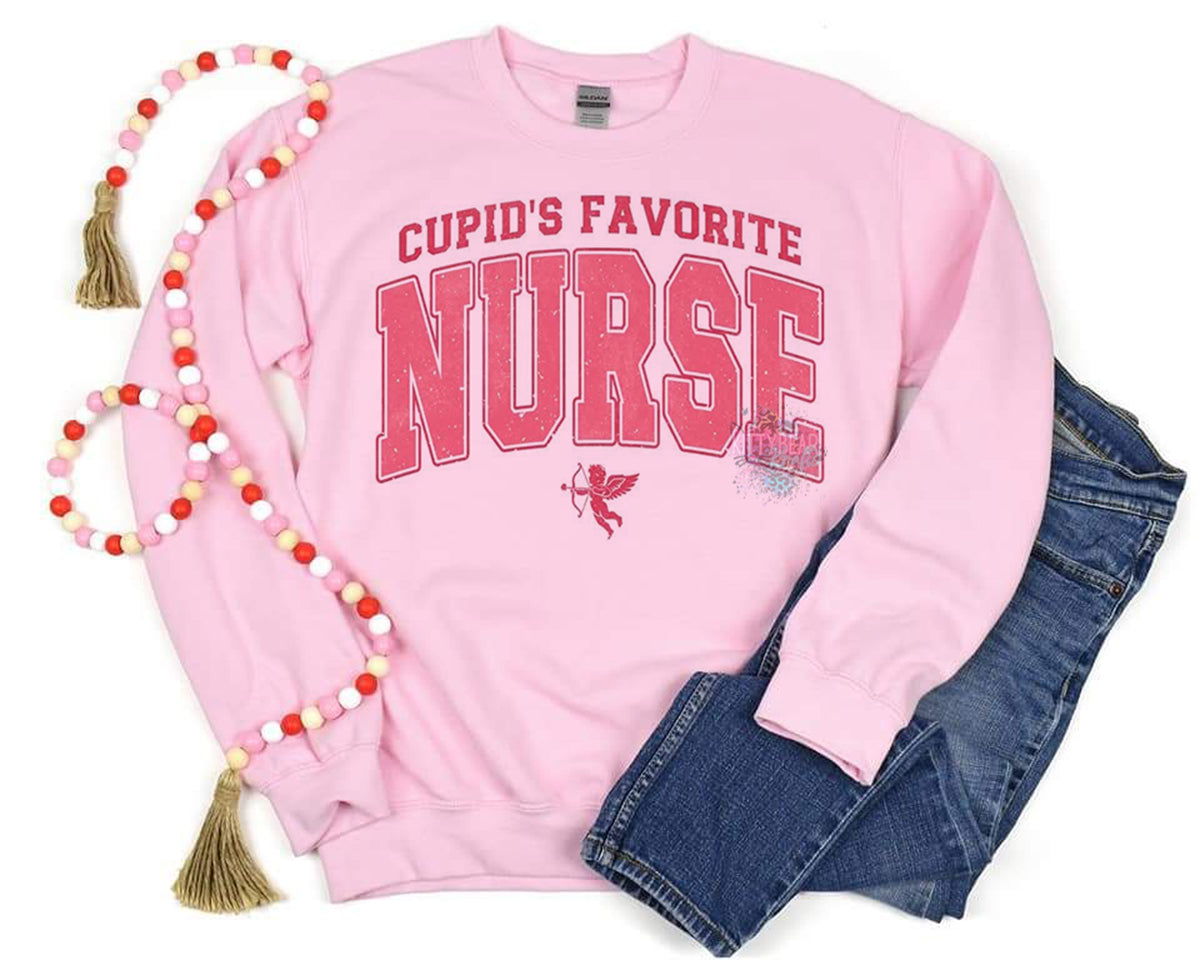 Cupid's Favorite Nurse Valentine's Graphic Short Sleeve Tee, Long Sleeve Tee or Crewneck Sweat shirt