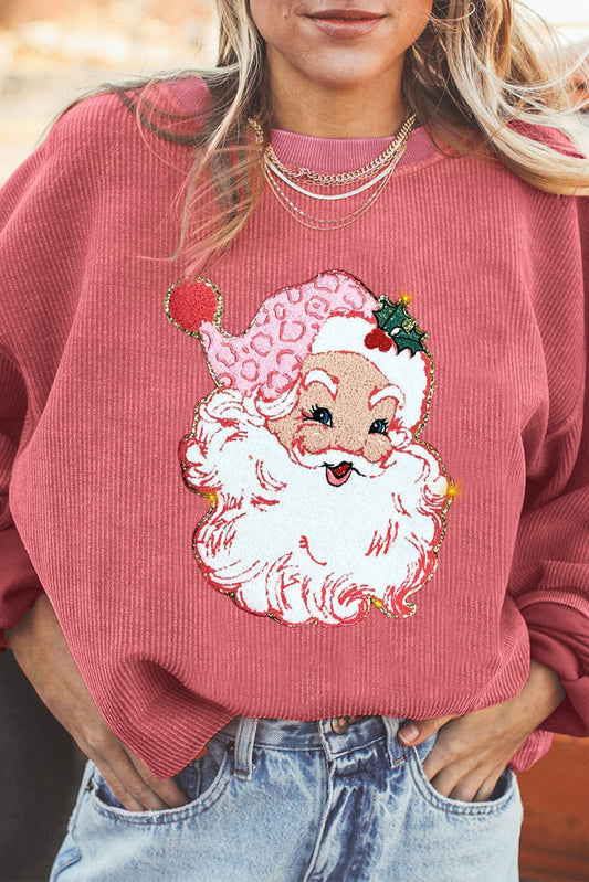 Strawberry Pink Santa Claus Christmas Sparkle Corded Crew Neck Sweater Kittybear Krafts