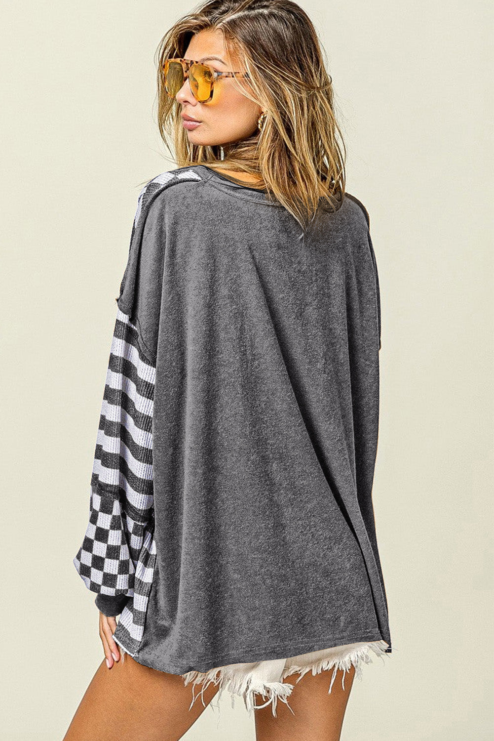 Dark Grey Checkerboard Striped Patchwork Lantern Sleeve Pocketed Blouse Kittybear Krafts