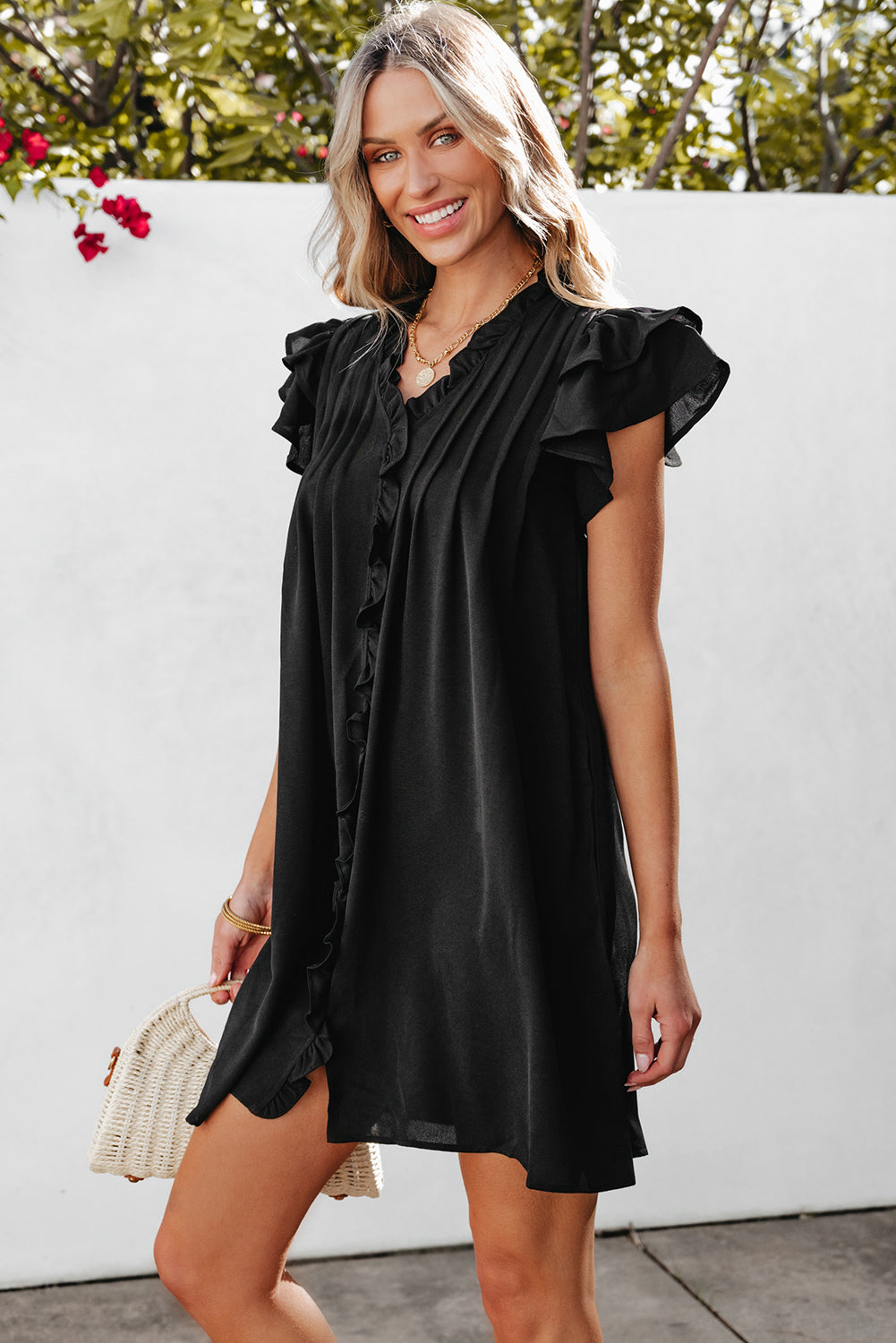 Black Ruffle Sleeve V Neck Frilled Shift Dress Kittybear Krafts