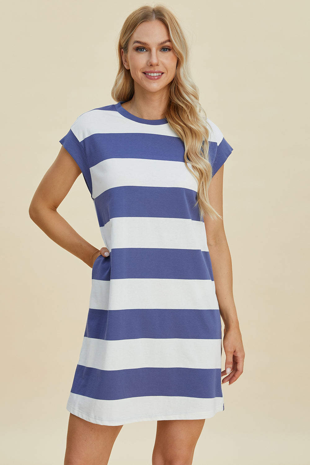 Striped Round Neck Cap Sleeve Mini Dress Trendsi