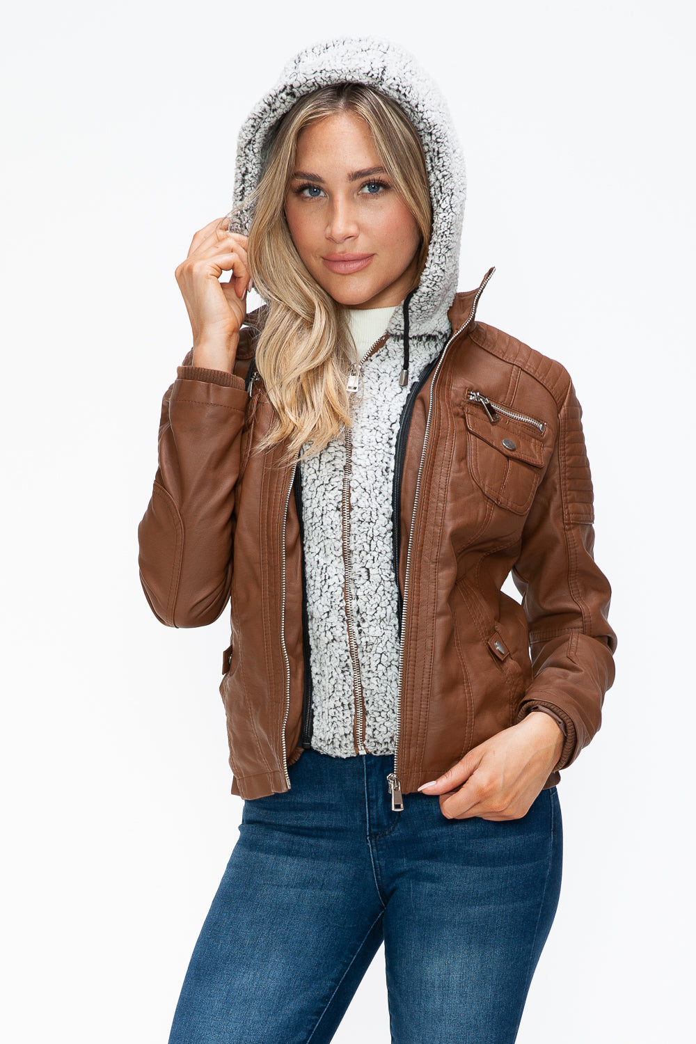 YMI Removable Faux Layered Multi-Pocket Jacket with Fuzzy Hood Trendsi