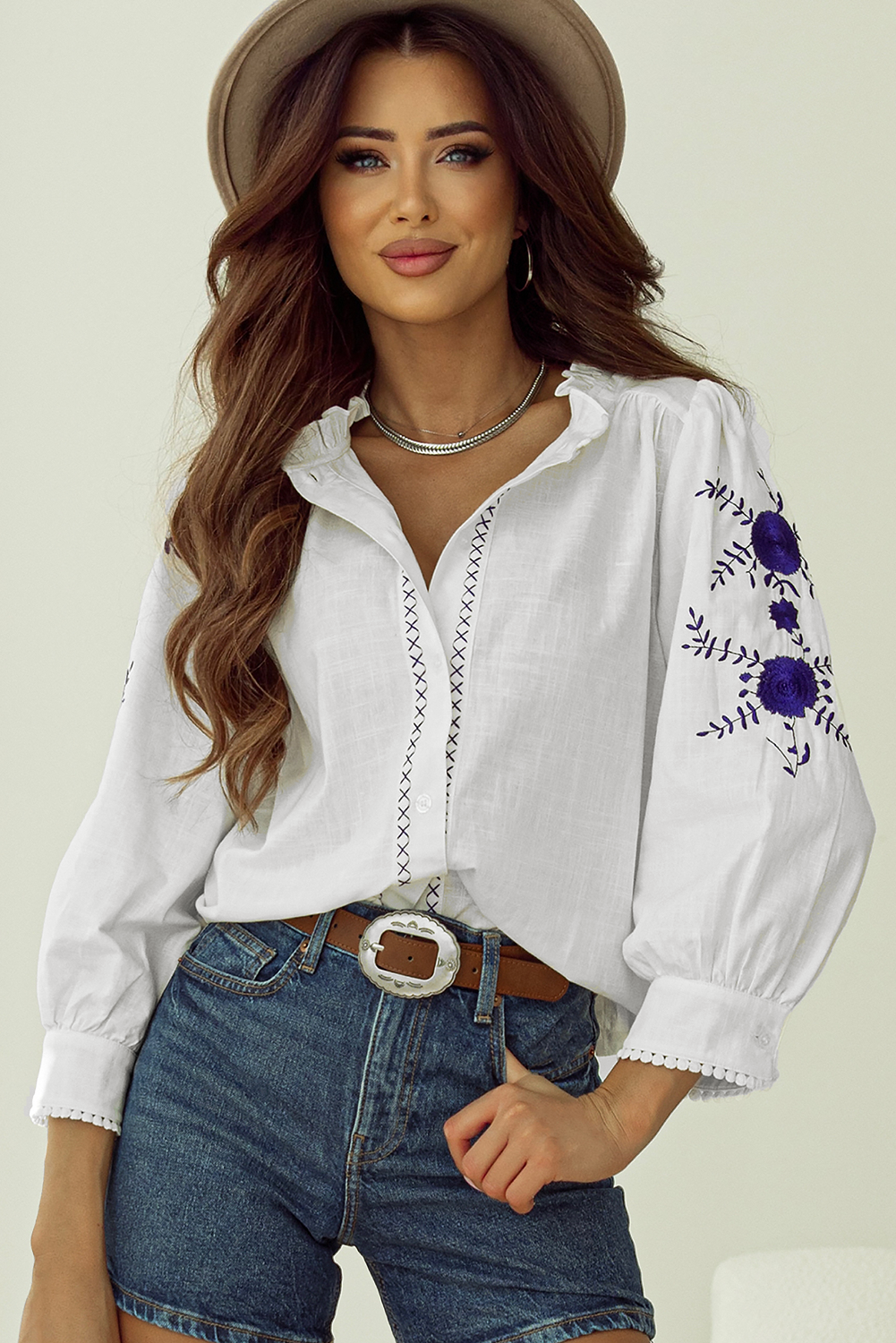 White Floral Embroidered Bracelet Sleeve Shirt Kittybear Krafts