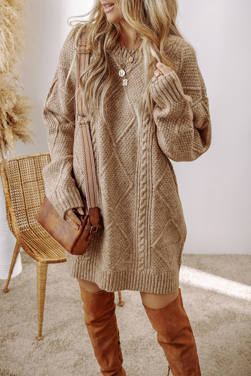 Parchment Cable Knit Drop Shoulder Loose Fit Sweater Dress Kittybear Krafts