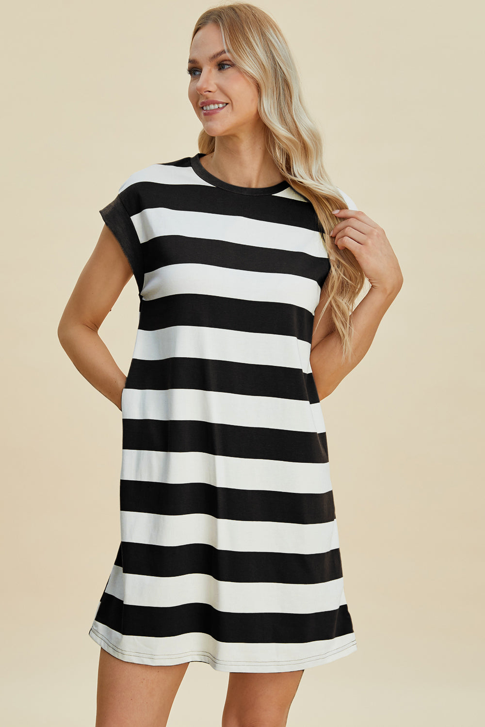 Striped Round Neck Cap Sleeve Mini Dress Trendsi