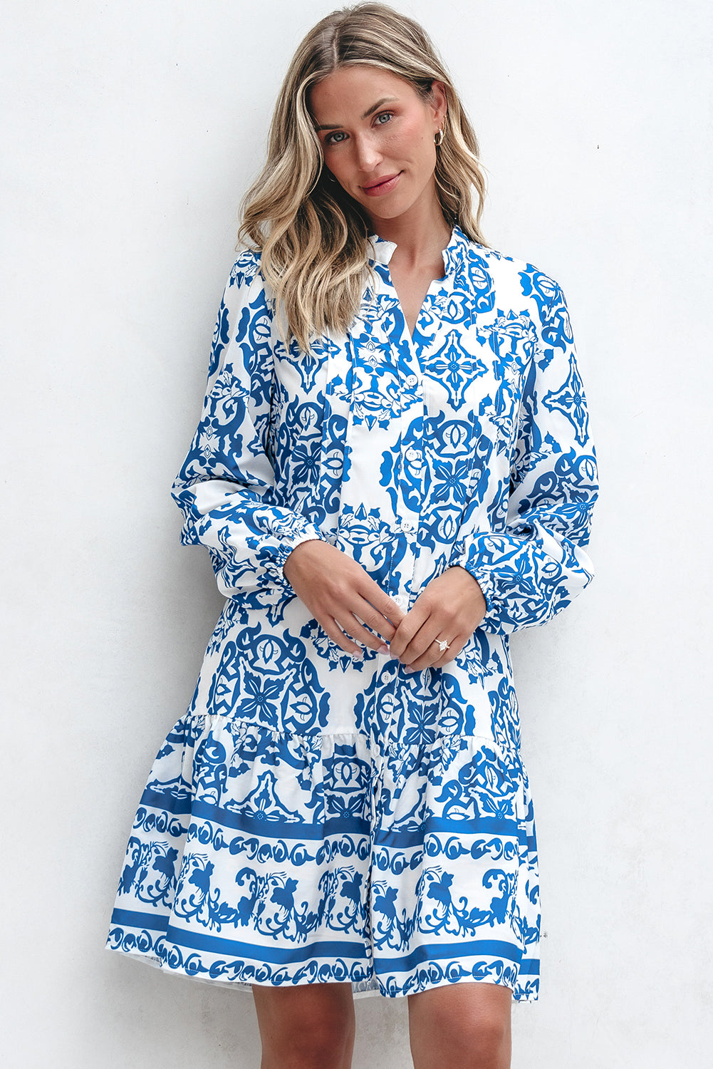 Sky Blue Tribal Print Button Up Notch Neck Loose Mini Dress Kittybear Krafts