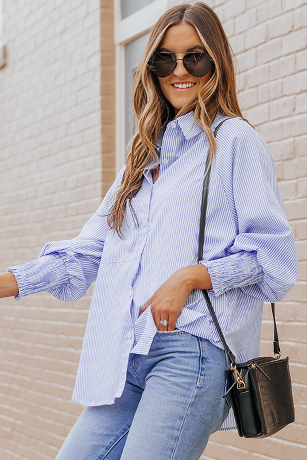 Sky Blue Smocked Cuffed Striped Boyfriend Shirt Top with Pocket