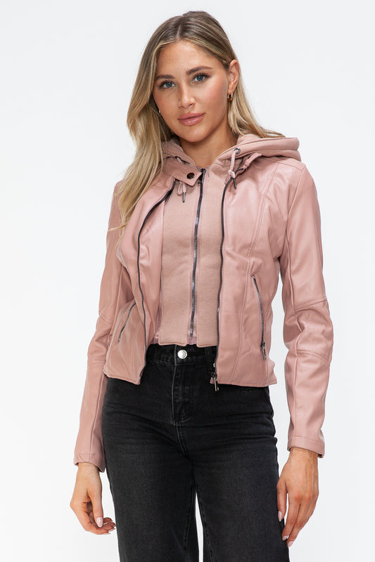 Snobbish Faux Leather Zip Up Drawstring Hooded Jacket Trendsi