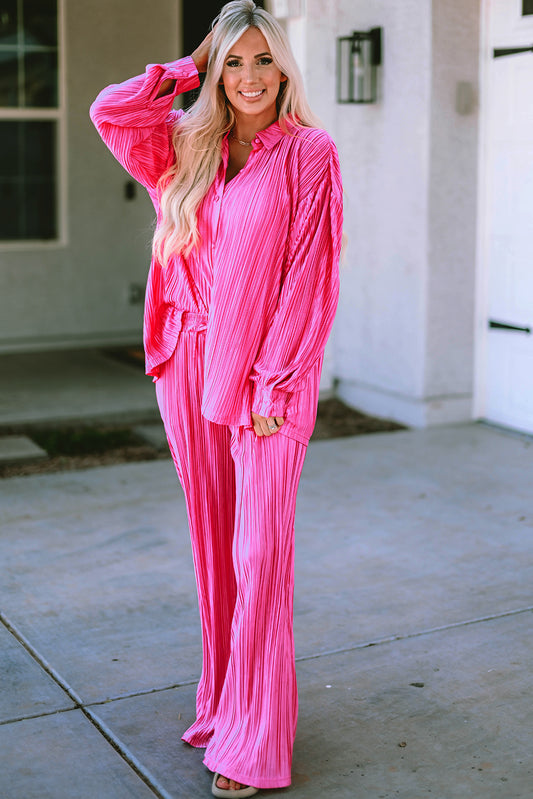 Rose Pleated Long Sleeve Shirt and Wide-Leg Pants Set Kittybear Krafts