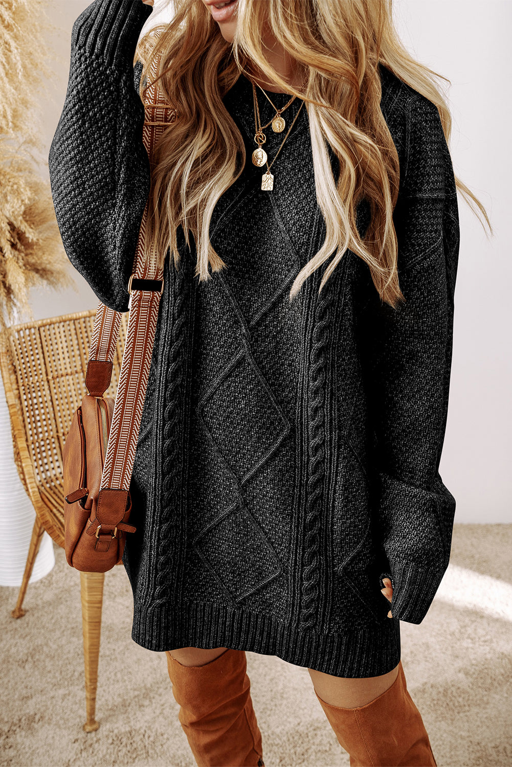 Black Cable Knit Drop Shoulder Loose Fit Sweater Dress Kittybear Krafts