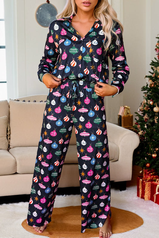 Navy Blue Colorful Christmas Lights Print Shirt and Pants Pajama Set Kittybear Krafts