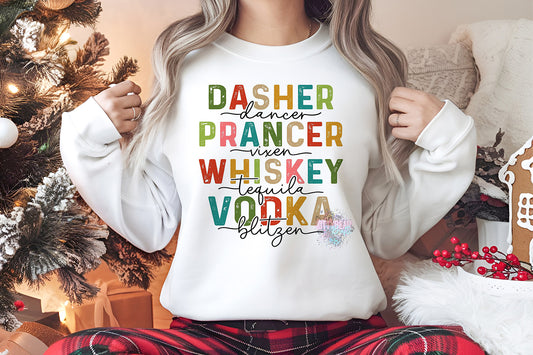 Dasher, Dancer, Prancer, Vixen, Whiskey, Tequila, Vodka, and Blitzen Funny Christmas Graphic Short Sleeve, Long-Sleeve Tee, or Crewneck Sweater Kittybear Krafts