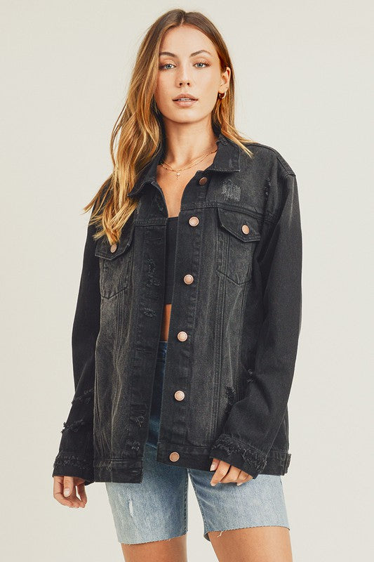 RISEN Full Size Distressed Long Sleeve Denim Jacket Trendsi