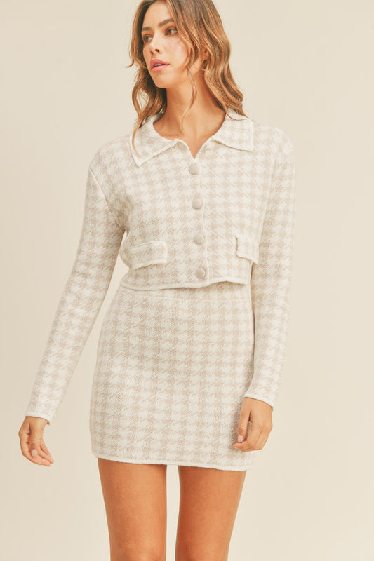 MABLE Dusty Pink Houndstooth Cropped Knit Cardigan and Mini Skirt Set Trendsi