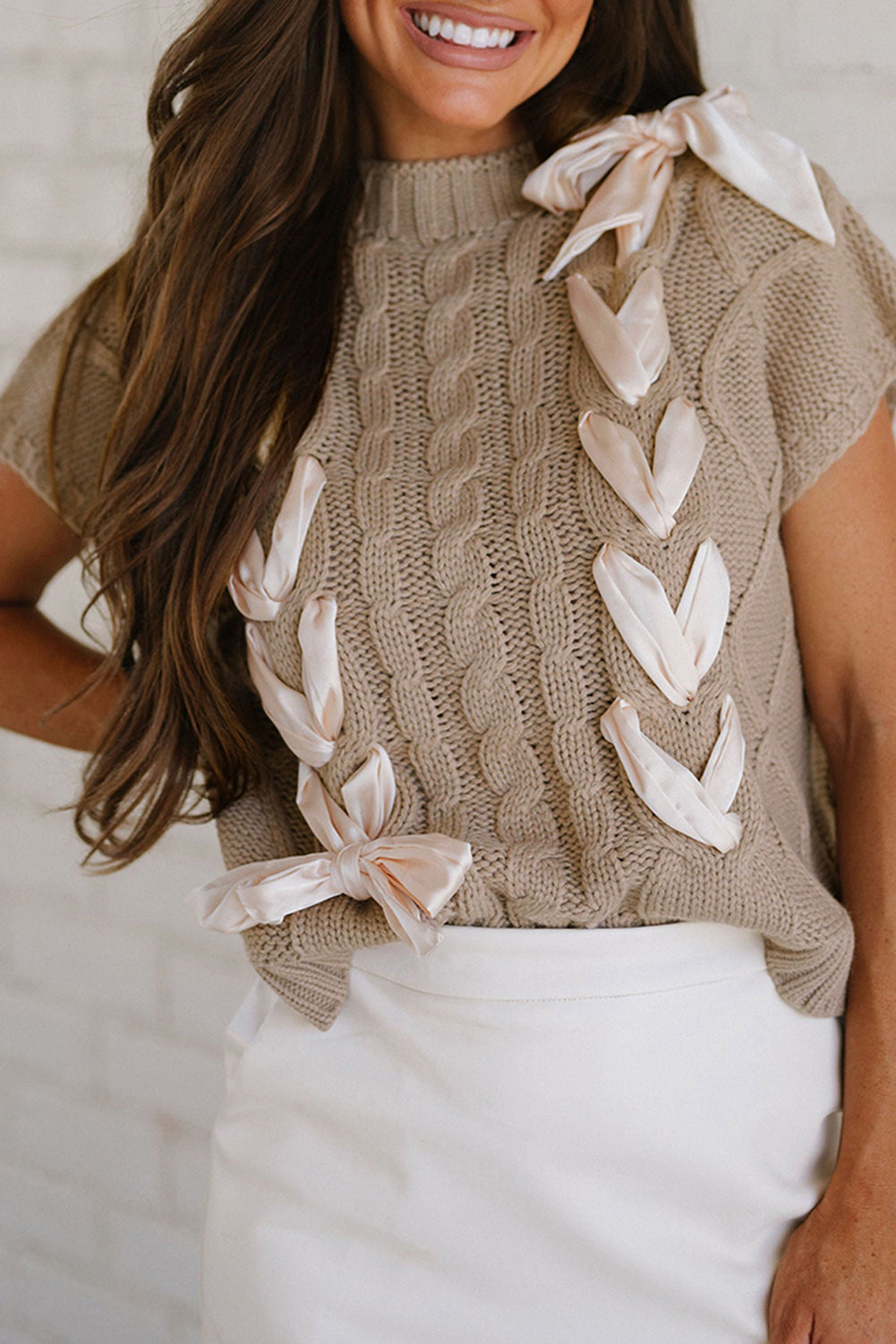 Simply Taupe Cable Knit Colorblock Satin Bowknot Short Sleeve Sweater Top Kittybear Krafts