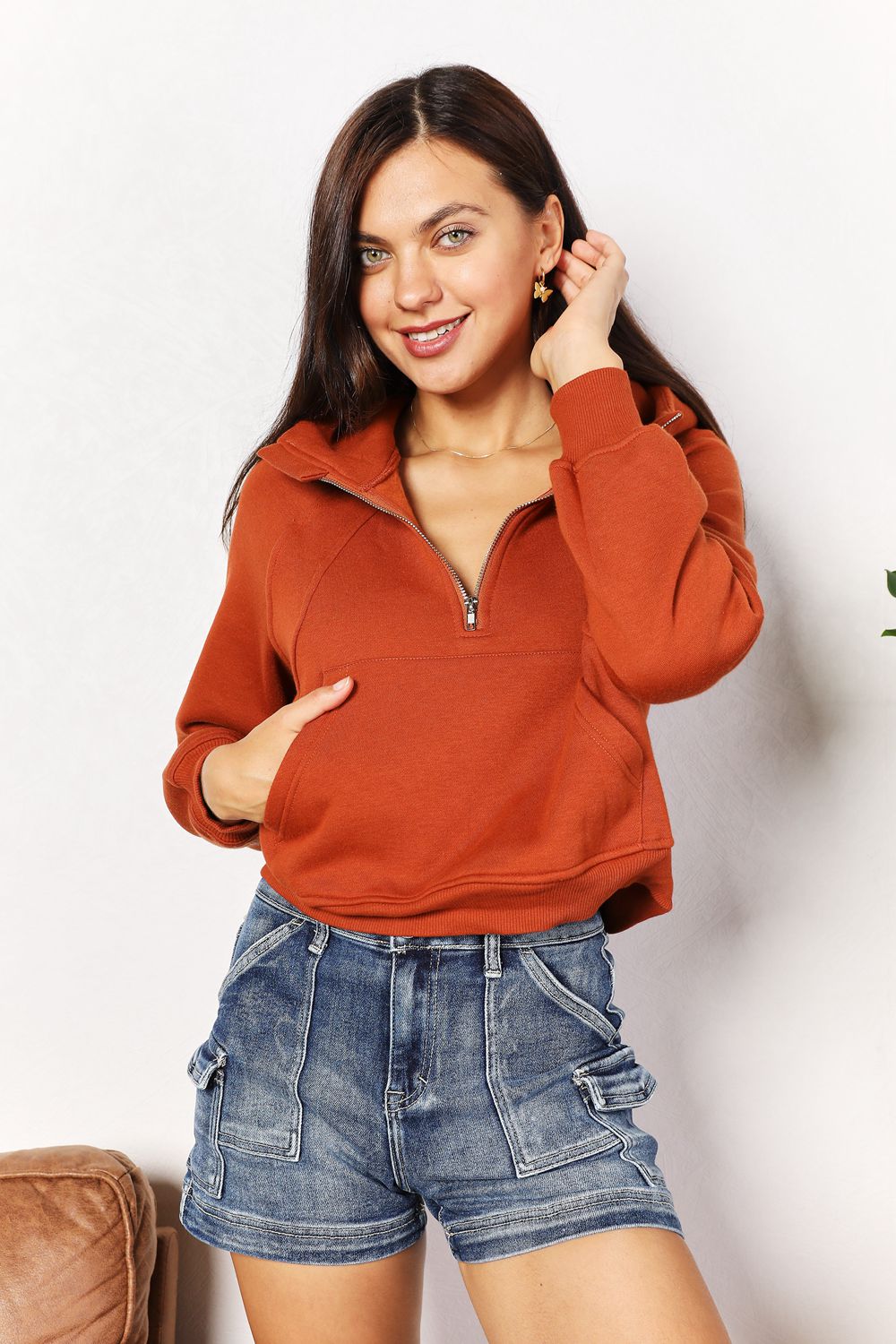 Double Take Half-Zip Cropped Long Sleeve Hoodie Trendsi