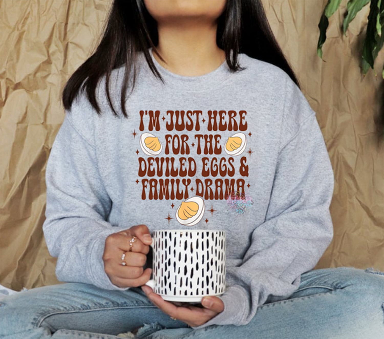 I'm Just Here for the Deviled Eggs and Family Drama Thanksgiving Fall Graphic Short Sleeve or Long Sleeve Tee Kittybear Krafts