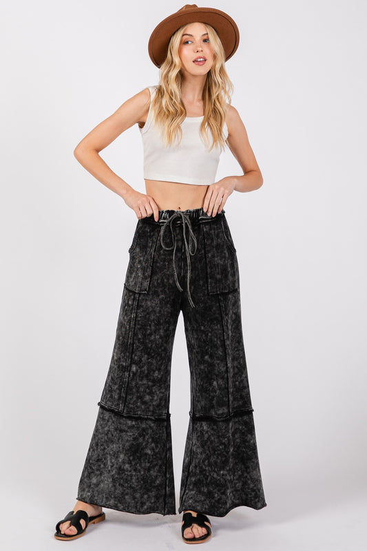 SAGE + FIG Mineral Washed Terry Wide Leg Pants Trendsi