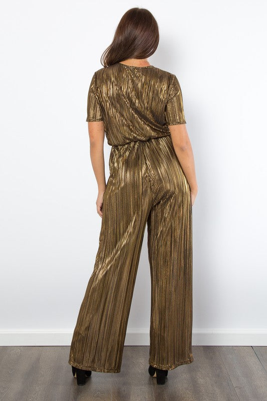 Be Stage Surplice Short Sleeve Pleated Foil Jumpsuit Trendsi