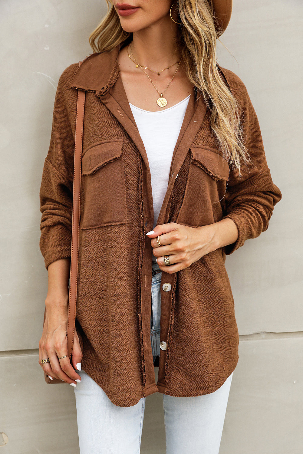 Brown Contrast Flap Pockets Relaxed Shacket Kittybear Krafts