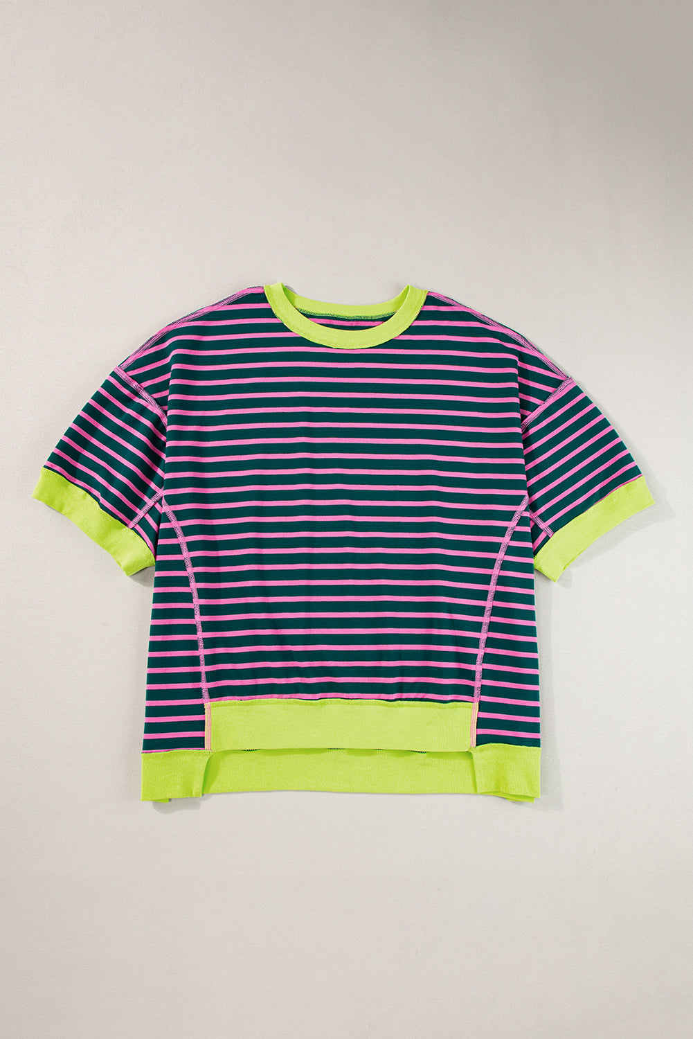 Green Stripe Oversized Contrast Trim Exposed Seam High Low T Shirt Kittybear Krafts