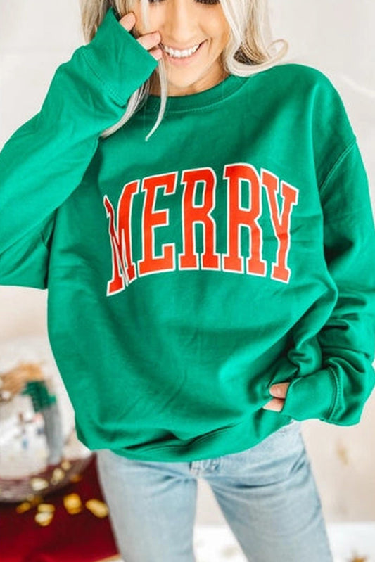 Bright Green MERRY Graphic Christmas Pullover Sweater Kittybear Krafts