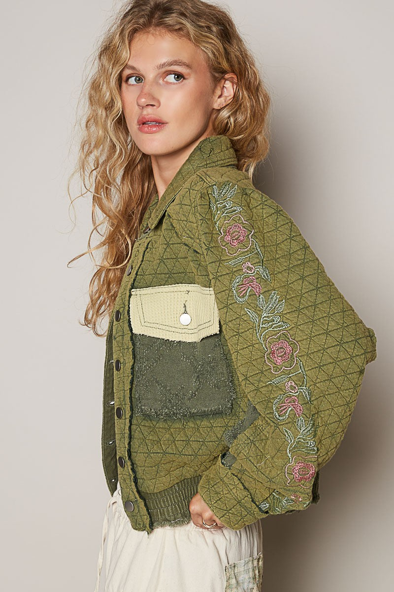 POL Embroidered Sleeve Raw Edge Quilted Jacket Trendsi