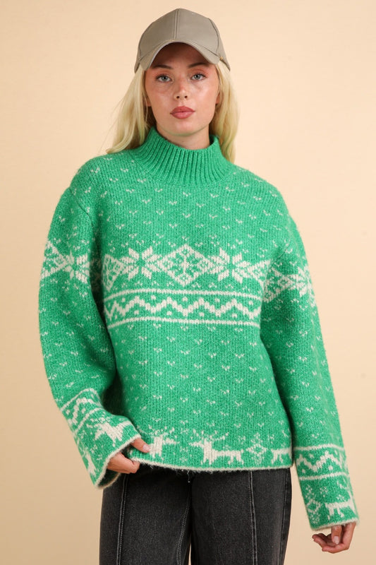 Christmas Element Mock Neck Long Sleeve Sweater Trendsi