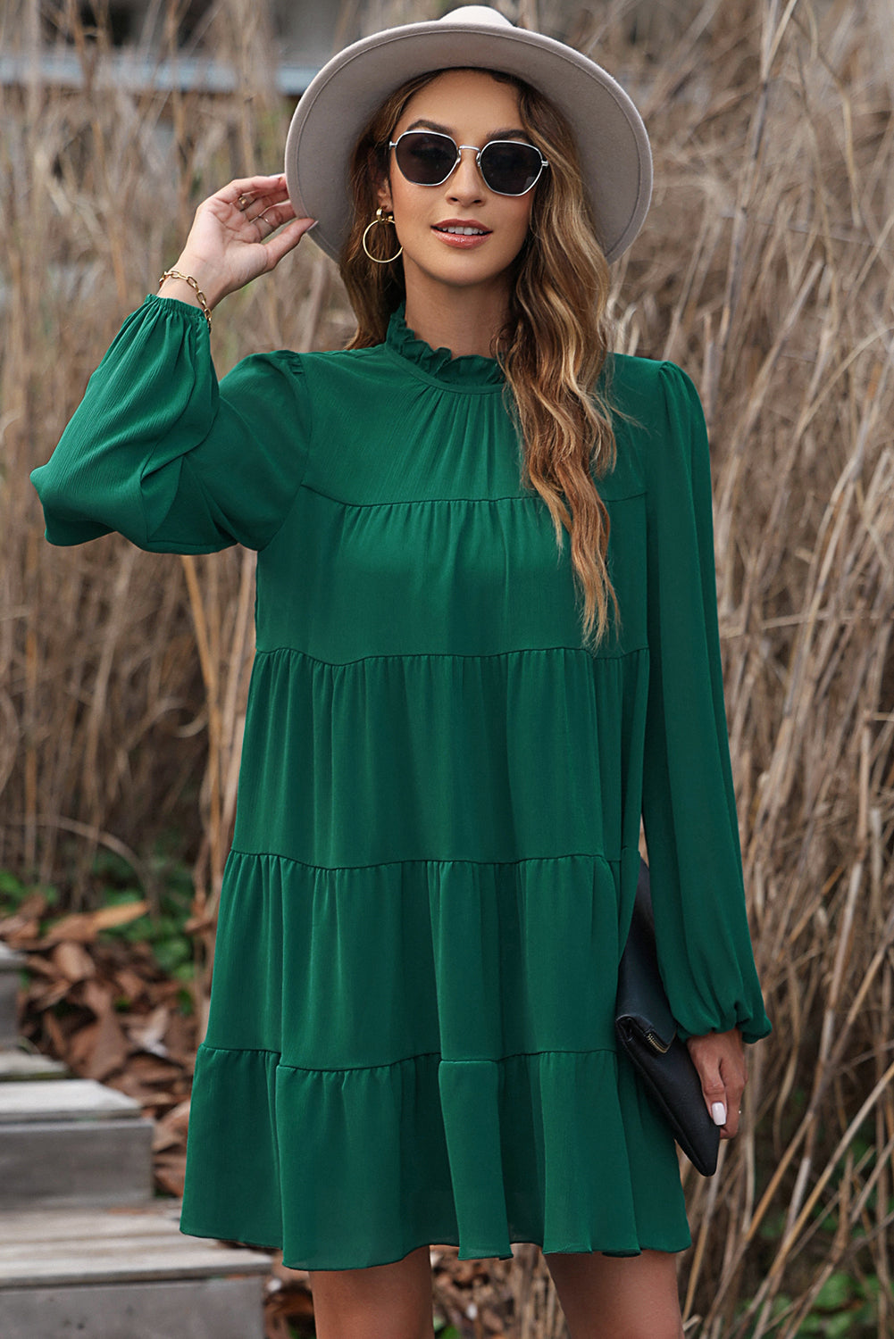 Green Puff Sleeve Mock Neck Back Knot Tiered Dress Kittybear Krafts