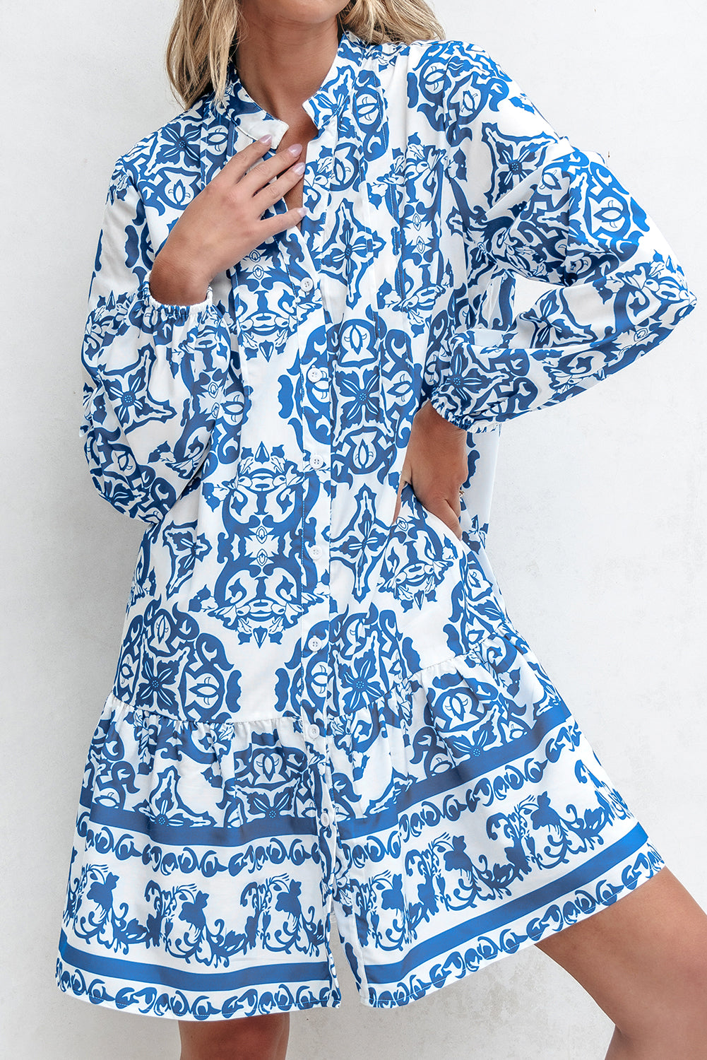 Sky Blue Tribal Print Button Up Notch Neck Loose Mini Dress Kittybear Krafts