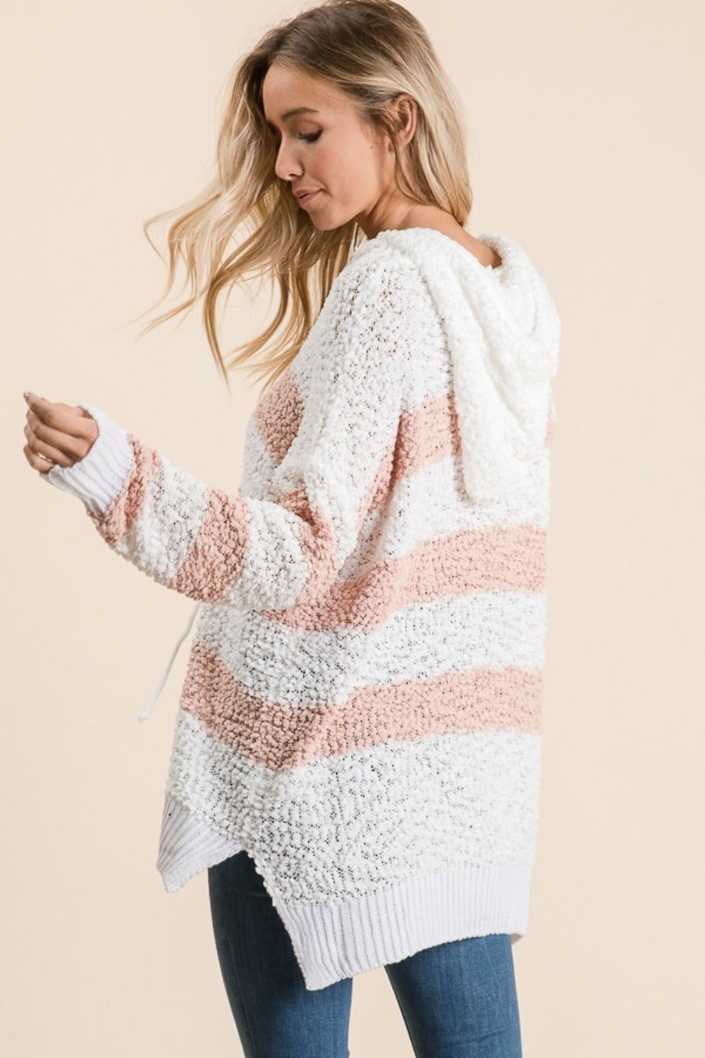 High-Low Striped Popcorn Hoodie Sweater - Kittybear Krafts