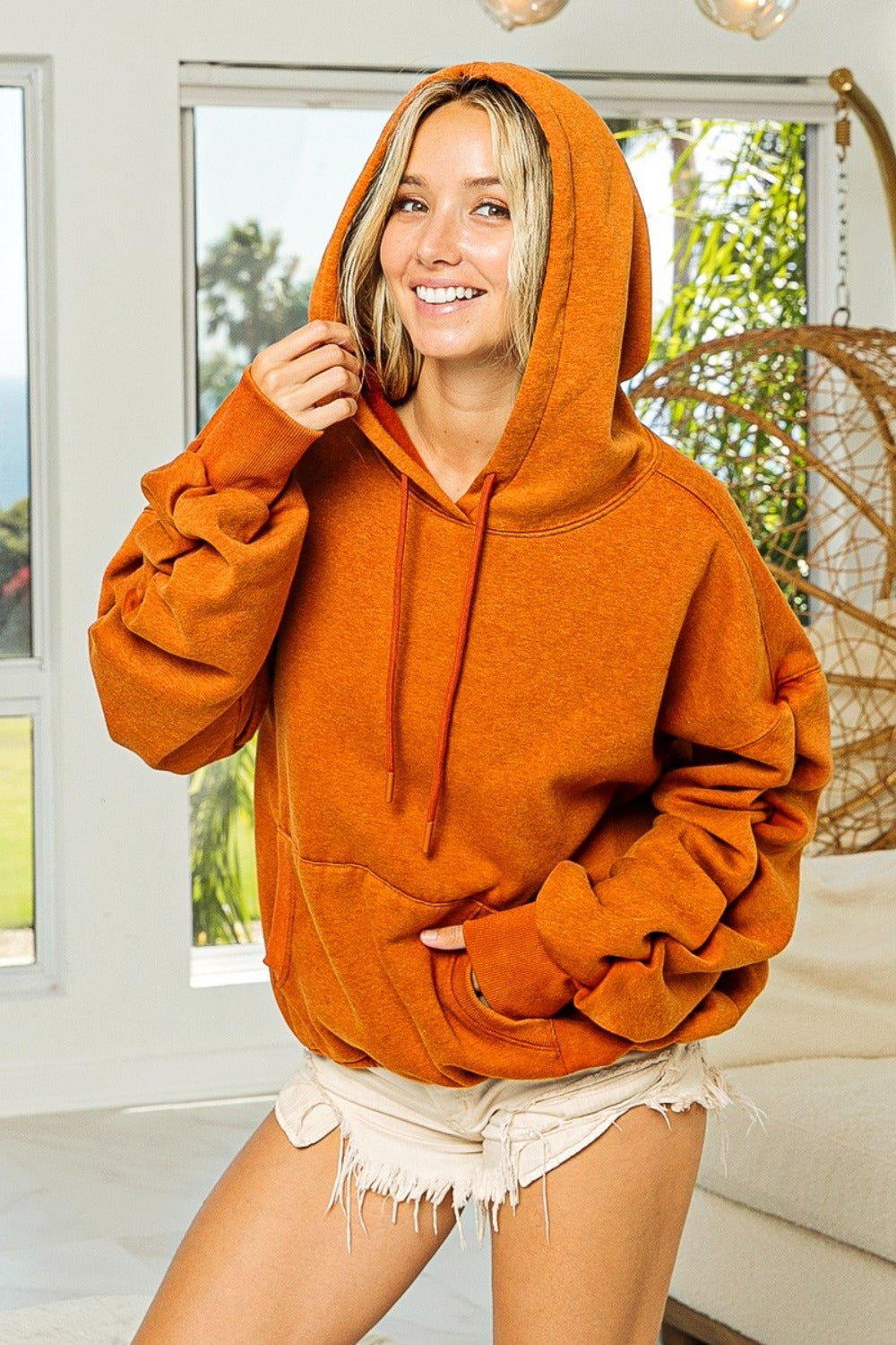 Ruched Long Sleeve Washed Fleece Hoodie - Kittybear Krafts