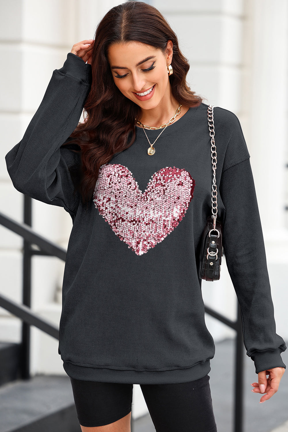 Pink Heart Sequin Round Neck Sweatshirt - Kittybear Krafts