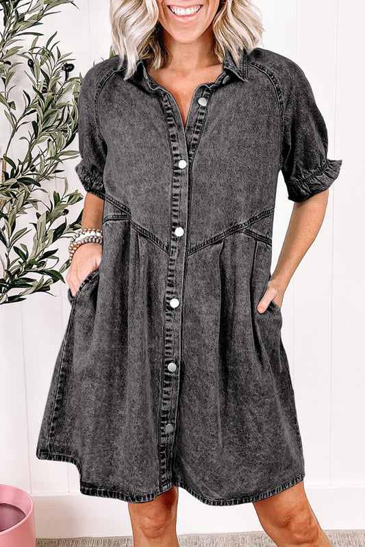 Medium Grey Mineral Wash Ruffled Short Sleeve Buttoned Denim Dress Kittybear Krafts