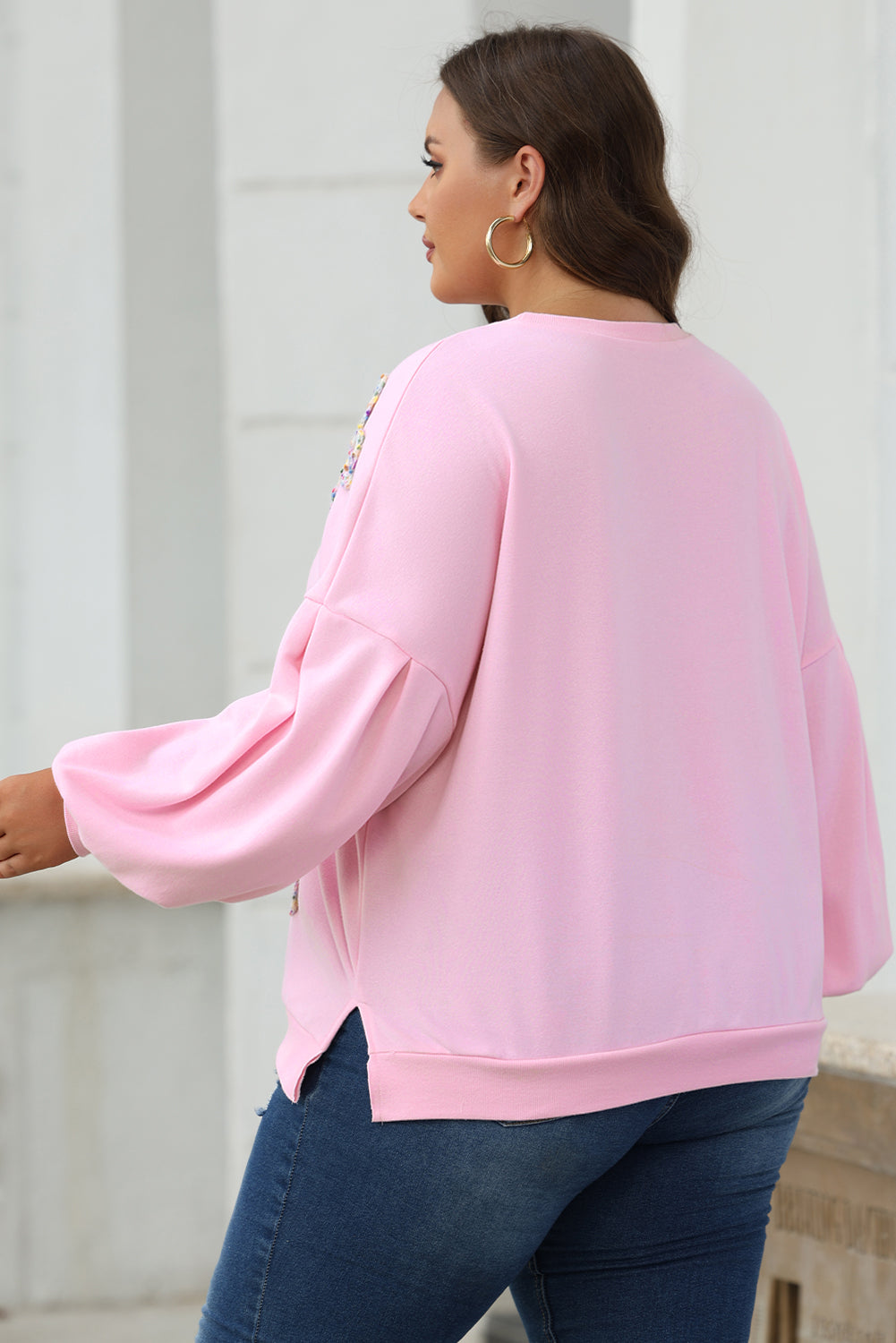 Light Pink Embroidered Bow Lantern Sleeve Oversized Pullover Sweatshirt Kittybear Krafts