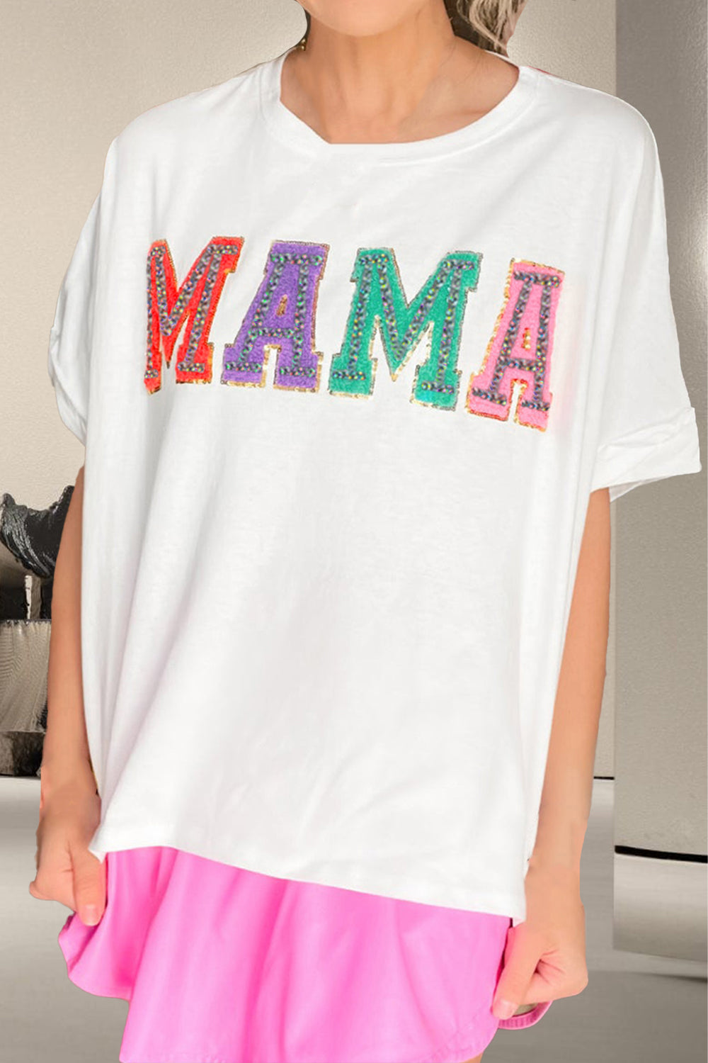 Sequin MAMA Round Neck Short Sleeve T-Shirt - Kittybear Krafts