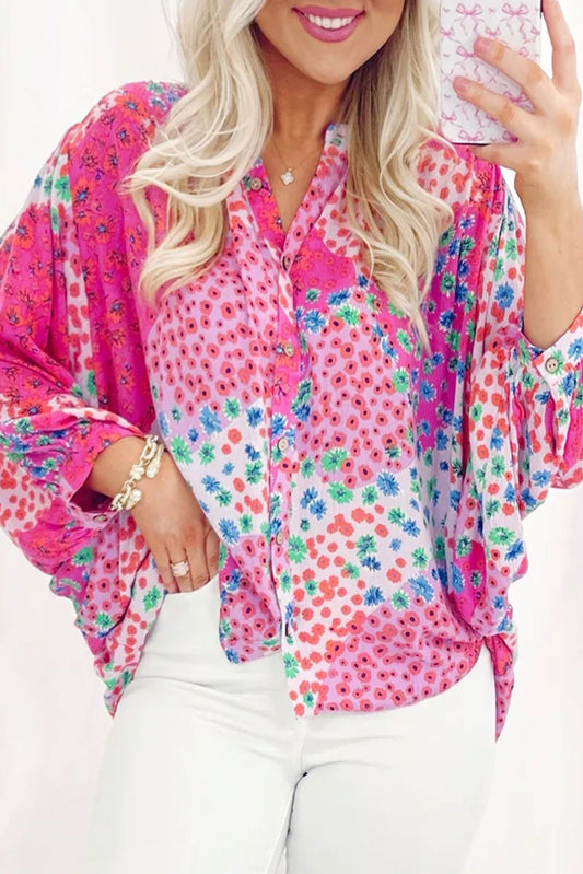 Rose Pink Floral Allover Print Buttoned V Neck Oversized Shirt Top Kittybear Krafts