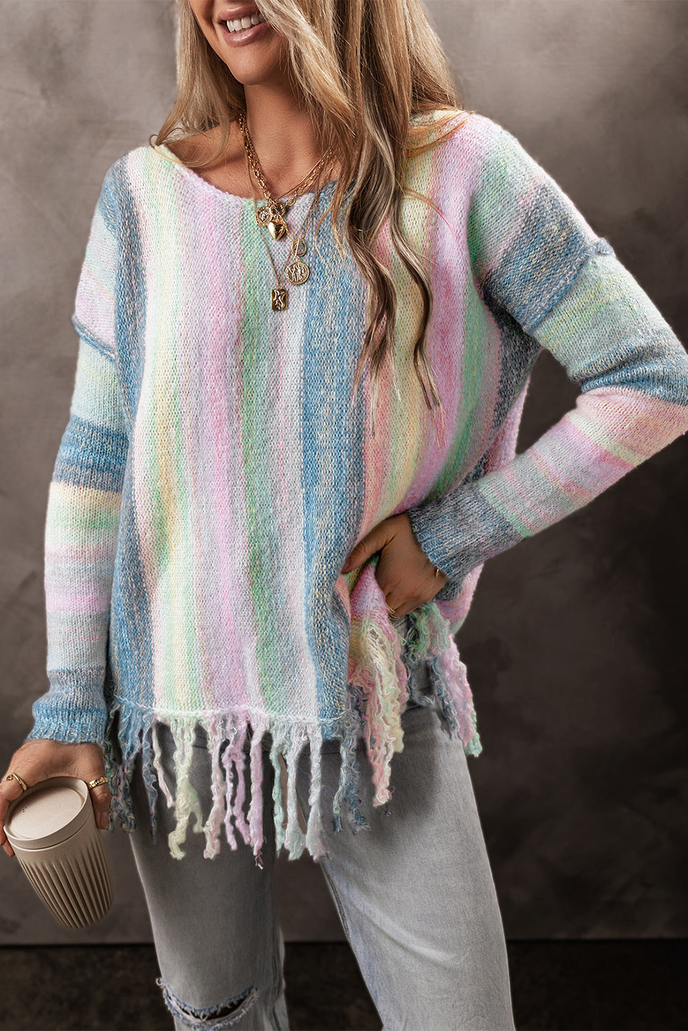 Purple Color Block Fringed Drop Shoulder Tunic Sweater Top Kittybear Krafts